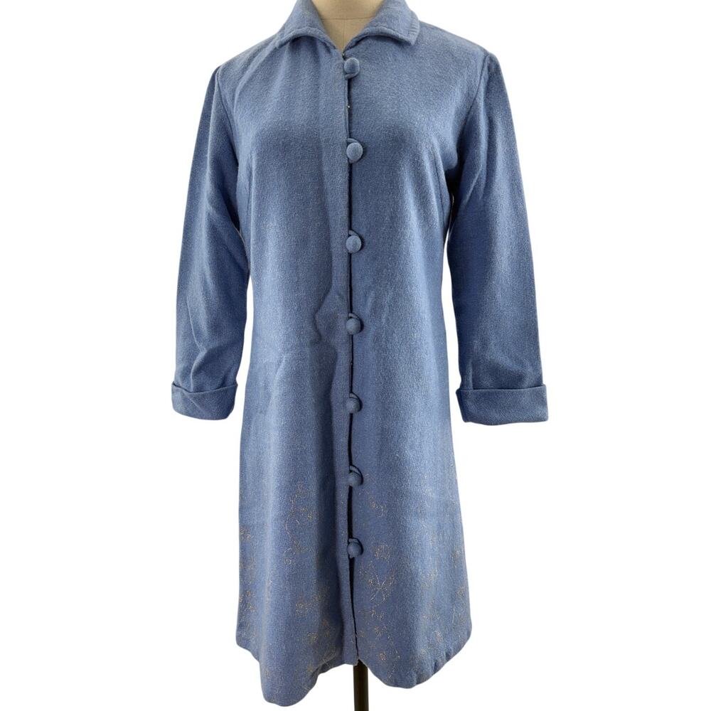 Vintage 60s Blue Wool Coat Dress Metallic Hem Mod Women’s Small/Medium